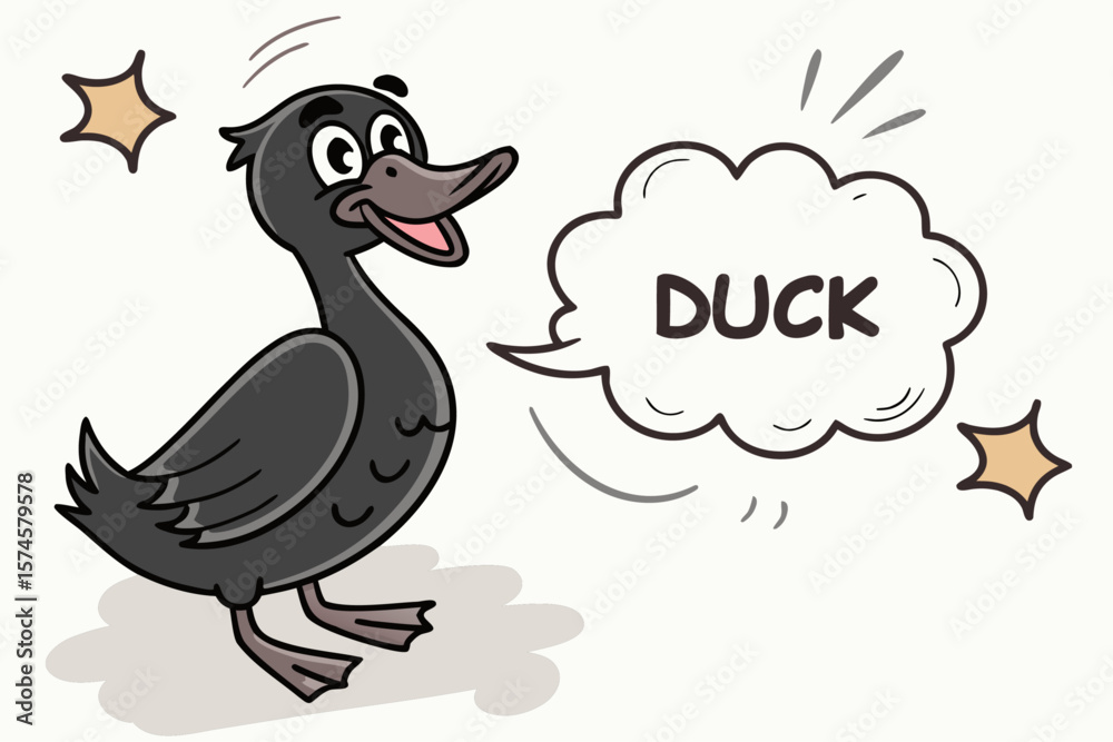 Fototapeta premium Cartoon black duck with speech bubble comic style illustration