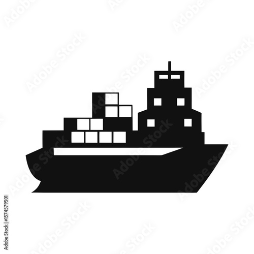 Silhouette of cargo ship carrying containers at sea for global shipping and freight design