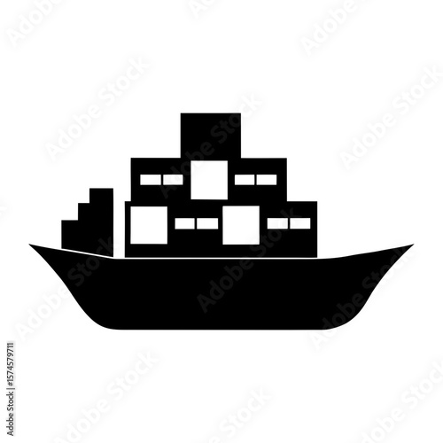 Silhouette of floating cargo barge with box loads for shipping freight and river transport