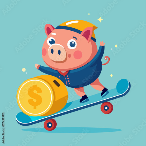 A pig is riding a skateboard with a coin on the ground. The pig is smiling and he is having fun