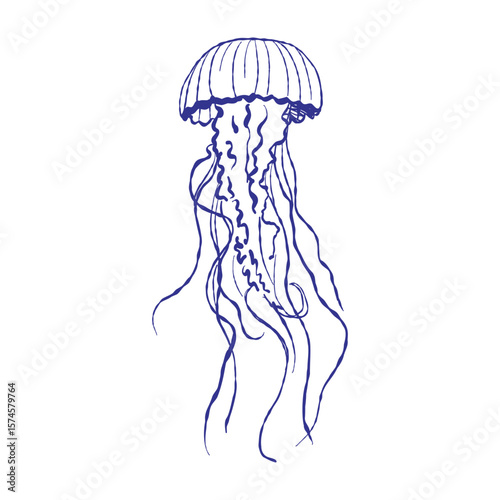Artistic artwork showing jellyfish in their natural ocean habitat. The composition combines underwater transparency, plankton, and serene seaside elements.