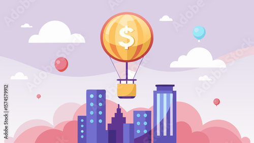 A balloon with a dollar sign on it is floating in the sky above a city. Concept of freedom and possibility, as the dollar sign represents wealth