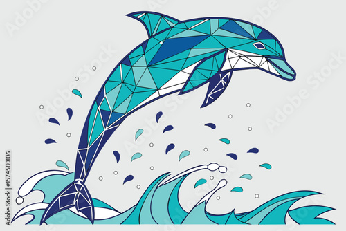 Geometric dolphin jumping above ocean waves with water droplets and polygonal design elements visible