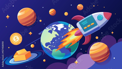 A rocket is flying through space with a planet in the background. The rocket is surrounded by a number of other planets and stars