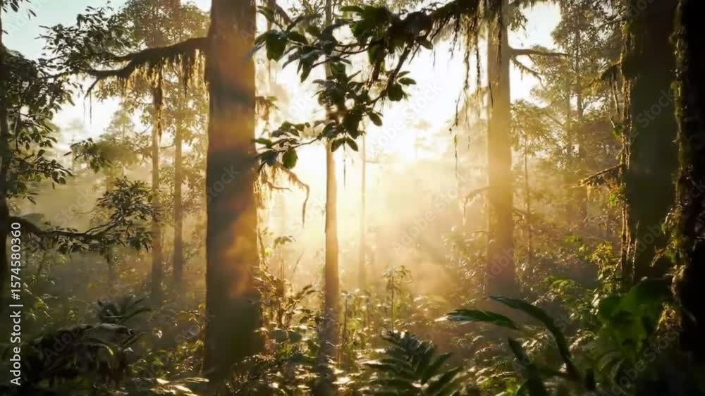 Beautiful magical sunrise in the forest. The sun's rays break through the trees in the fog. The mystical nature of the rainforest.