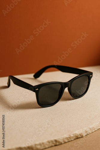 A sleek pair of black sunglasses against a warm, inviting background. The glasses are positioned to capture attention, hinting at style and protection from the sun. 
