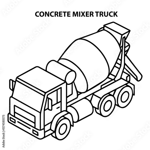 Concrete mixer truck vector outline illustration construction vehicle transport machinery cement rendering