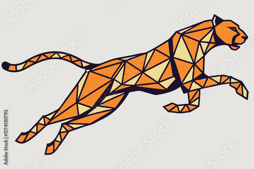 Geometric jaguar illustration in orange and yellow tones with black outlines running to the right side