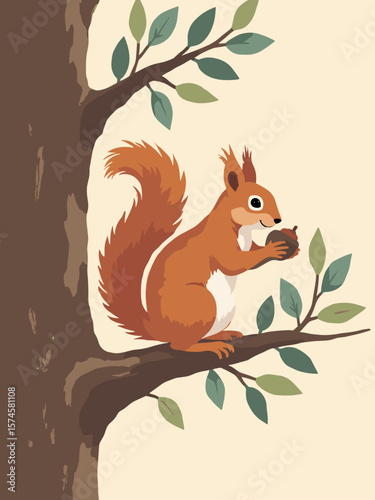 Squirrel gathering acorns on branch with auburn fur, wood brown bark, olive leaves, and cream background