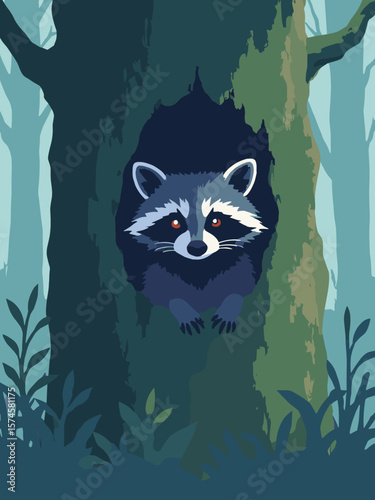 Raccoon peering from hollow tree with charcoal mask, gray fur, moss green surroundings, and twilight blue
