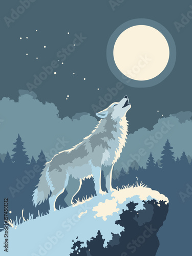 Wolf howling on snowy hill with silver-gray fur, blue snow, moon white, and charcoal sky