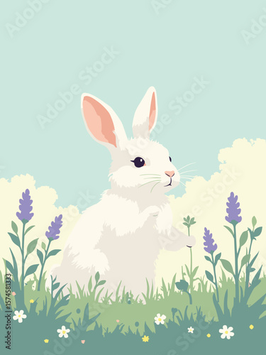 Rabbit nibbling clover in meadow with soft white fur, mint green grass, lavender flowers, and pale sky