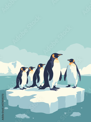 Penguin group on Antarctic ice with black-and-white plumage, ice white, ocean teal, and glacier gray