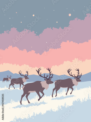 Reindeer herd migrating across tundra in brown coats, antler gray, snow white, and twilight pink sky