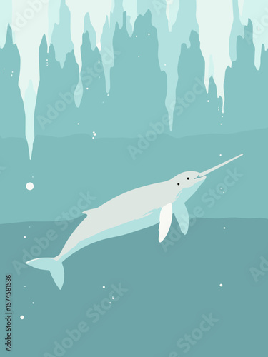 Narwhal swimming under Arctic ice with pale gray skin, ivory tusk, ice white, and teal water