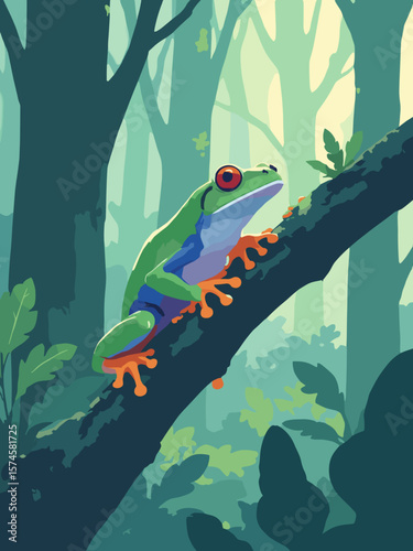 Tree frog clinging to leaf in rainforest with neon green skin, orange toes, dark green leaf, and soft fog