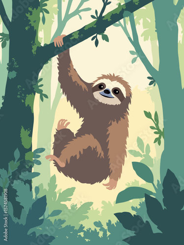 Sloth hanging from vine in tropical forest with pale brown fur, moss green vines, and cream light filtering