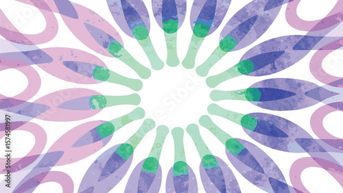 Watercolor style radial design featuring purple and green shapes arranged around a central white space