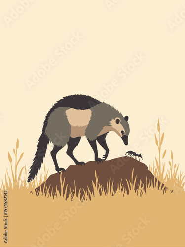 Anteater sniffing ant mound in grassland with gray coat, saddle brown patch, golden grass, and pale sky