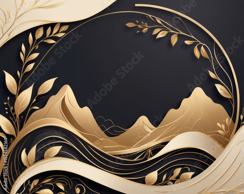 Golden mountains and flowing waves create a stunning backdrop of nature's elegance in this artistic design