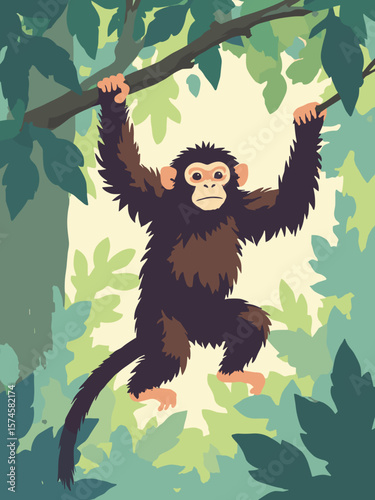 Capuchin monkey swinging in canopy with cream face, dark brown body, green leaves, and dappled light