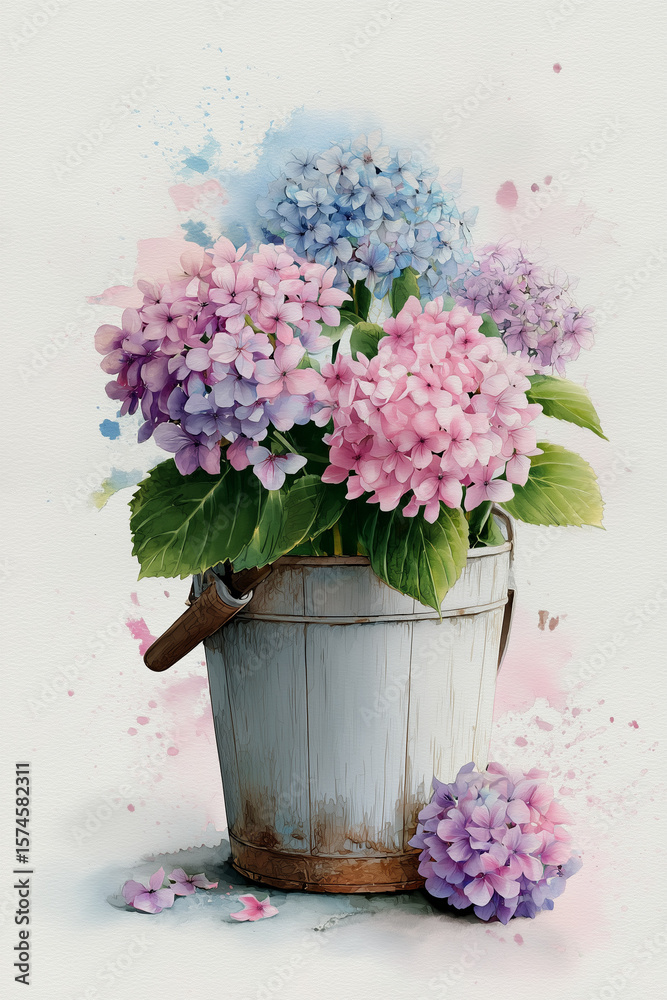 Fototapeta premium Watercolor painting of vibrant hydrangeas in a rustic white bucket with fallen petals on a textured background
