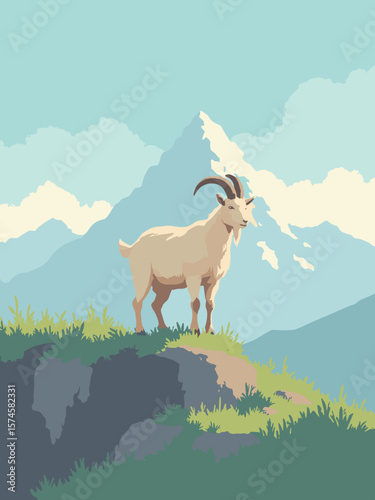 Goat on rocky ledge in mountainous pasture with tan coat, rock gray, alpine green, and sky blue