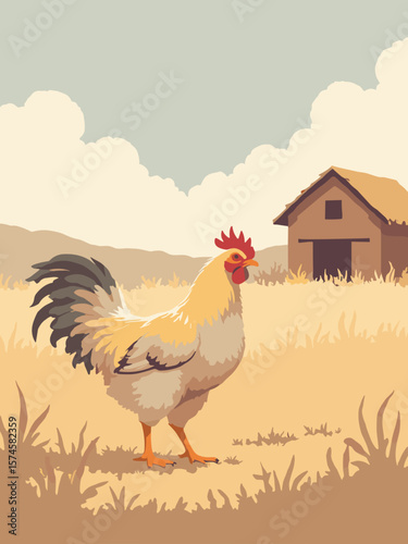 Chicken pecking at grain in farmyard with golden feathers, hay beige, coop brown, and sky gray