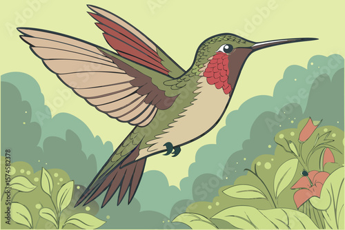 Illustration of a hummingbird in flight with red throat and green feathers in a leafy background