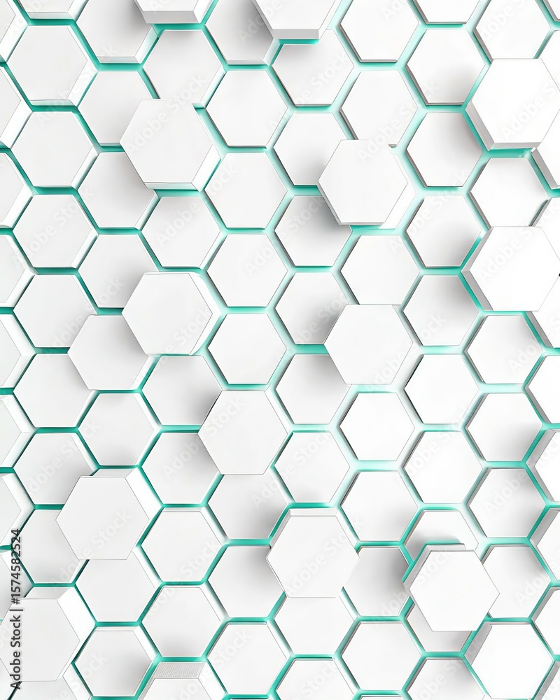 Naklejka premium 3D White Hexagon Background with Teal Outline - Modern Geometric Pattern