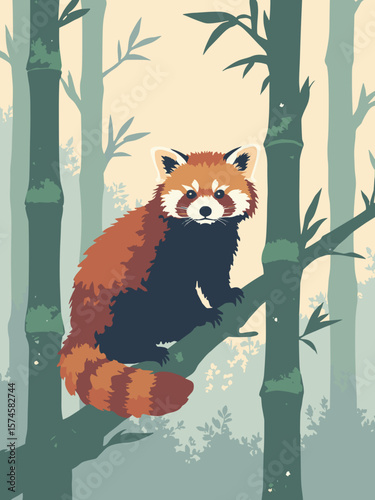 Red Panda perched among bamboo in early morning mist with russet fur, bamboo green, ivory highlights, and gray fog