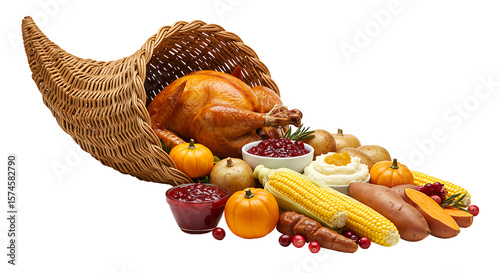 Cornucopia roasted turkey corn cranberries yams potatoes mashed potatoes  pumpkins against black background