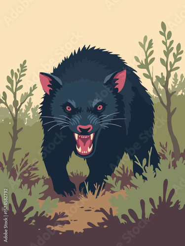 Tasmanian Devil snarling in dense scrubland with jet-black fur, blood-red eyes, olive green bushes, and earth brown