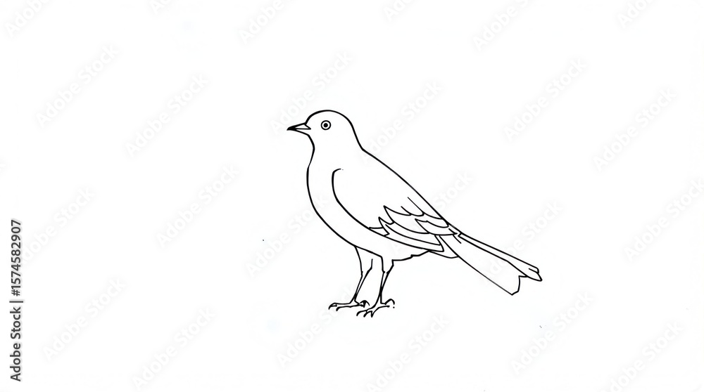 Fototapeta premium Simple line drawing of a bird standing, facing left with its tail feathers visible