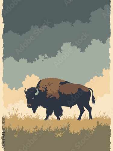 Bison grazing on prairie under stormy sky with dark brown hide, golden grass, slate gray clouds, and olive drab