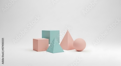 Pastel Geometric Shapes Minimalist 3D Render of Cubes, Spheres, and Pyramids