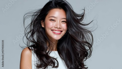 Beauty asian brunette girl with long and shiny wavy hair . Beautiful woman model with curly hairstyle shine and volume in white dress in shiny white background, hair care products and luxury salons.