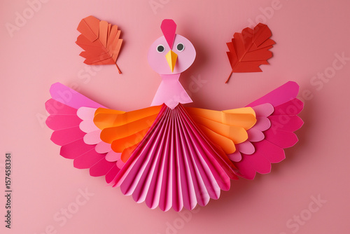 Colorful paper turkey craft with autumn leaves on pink background  