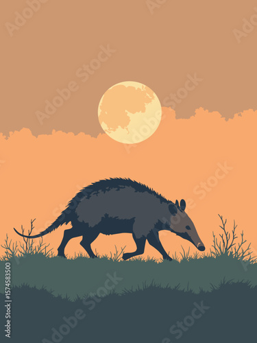 Aardvark foraging at twilight in scrub with dusty brown skin, amber light, shadow gray, and scrub green