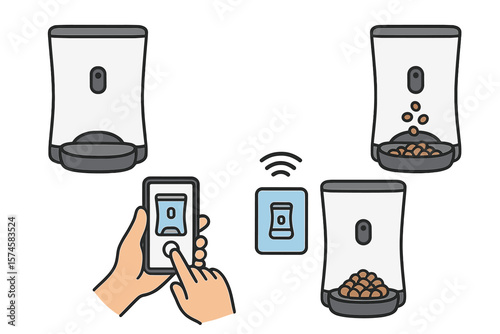 Smart pet feeder being controlled remotely by a person using a smartphone at home