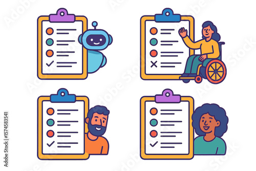 Diverse individuals interacting with digital checklists illustrating inclusivity and assistance in task management