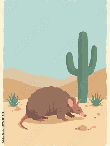 Armadillo curled into protective ball on desert floor with muted copper shell, sand beige, cactus green, and sky blue