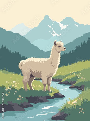 Alpaca standing by mountain stream in highland meadow with fluffy taupe fur, emerald grass, slate water, and mist white