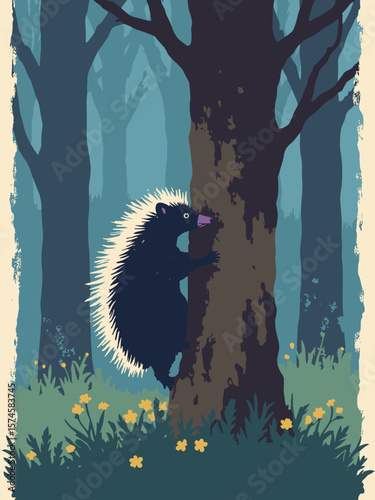 Porcupine climbing tree trunk in woodland twilight with quill ivory, bark brown, moss green, and dusk blue