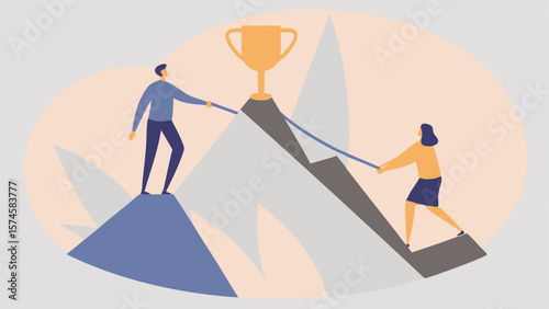 A man and a woman are climbing a mountain together to reach a golden trophy at the top of the mountain