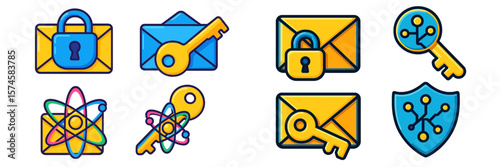 Colorful icons representing digital security and encryption found in various tech-related applications