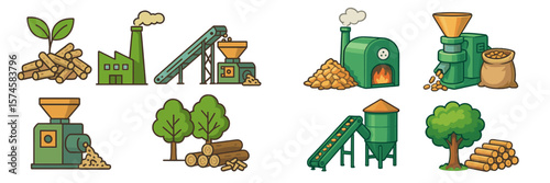 Illustrations of wood processing equipment and resources for sustainable material production in various settings