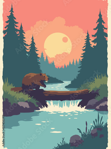 Beaver constructing dam in river at sunset with rich brown coat, cedar wood, water teal, and sky coral
