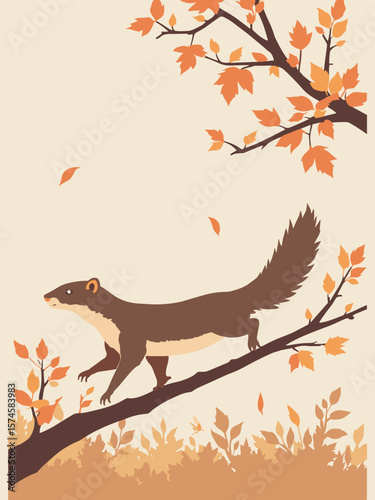 Weasel darting through autumn leaves with slender brown body, leaf orange, twig brown, and sky gray