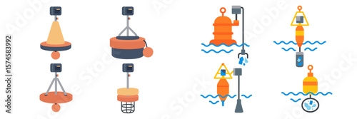 Various types of water monitoring buoys and platforms used in marine environments and their functions in real-time data collection